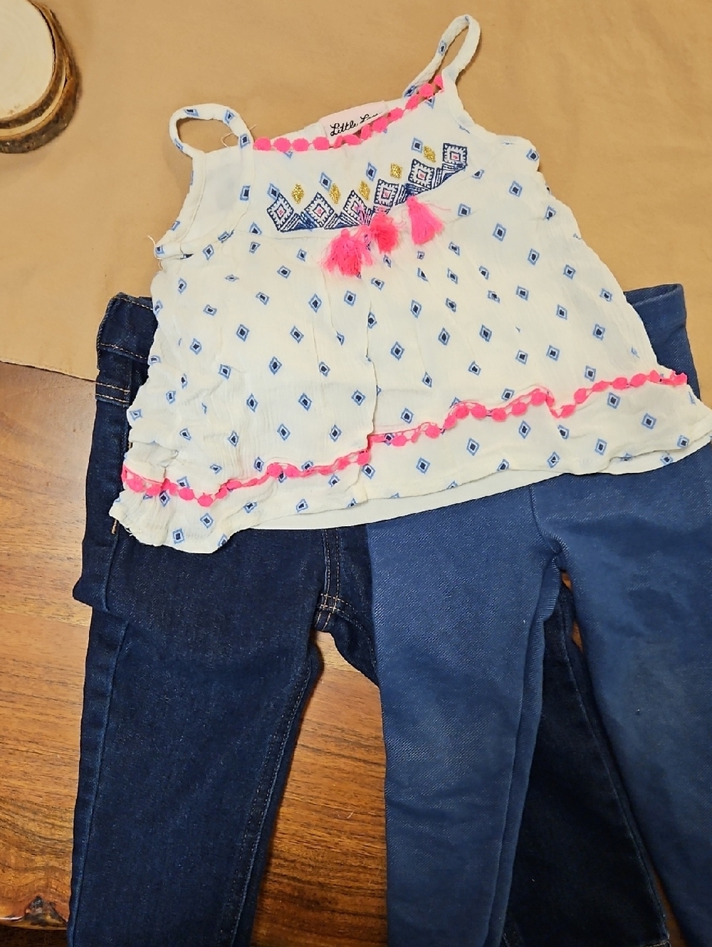 Little Lass White Tank with Blue Diamond Print and Pink Tassels, And 2 Pants